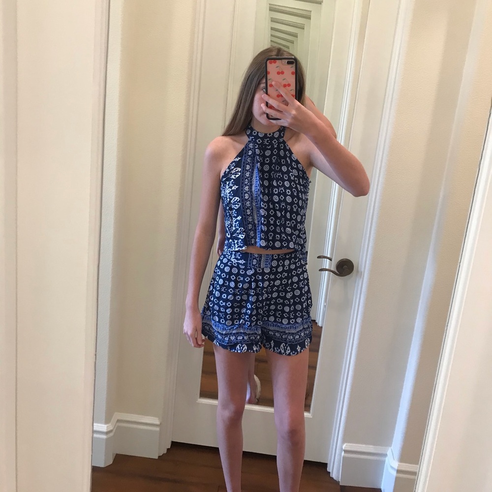 Choies tribal print blue halter top and shorts set